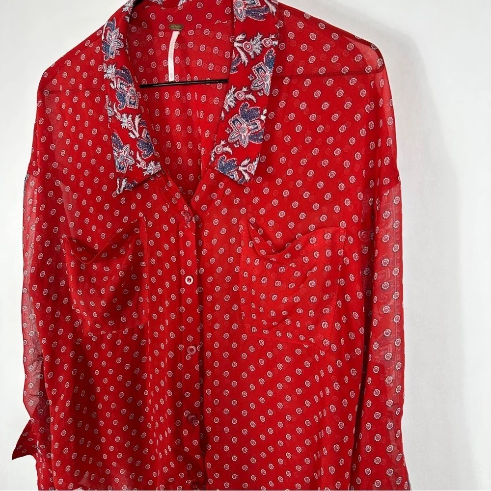 Free People FP Easy Rider Anthropologie Red Paisley Bandana Sheer Blouse Top